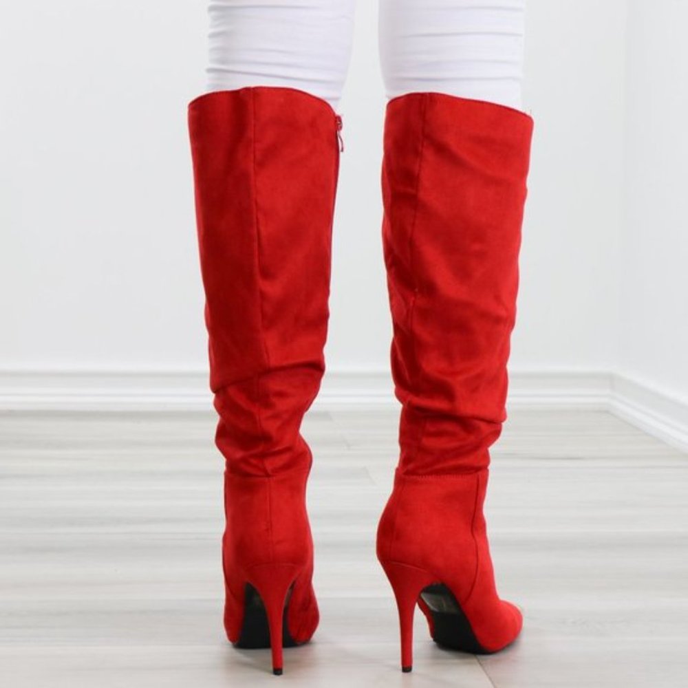 Fancy Pointy Toe Below The Knee Red Boots Suede - Picture 7 of 14